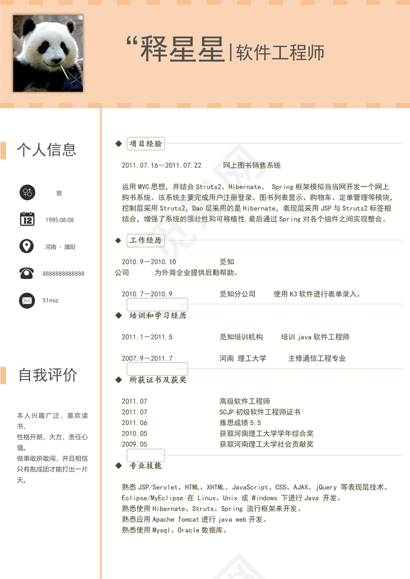 Java软件工程师个性简历