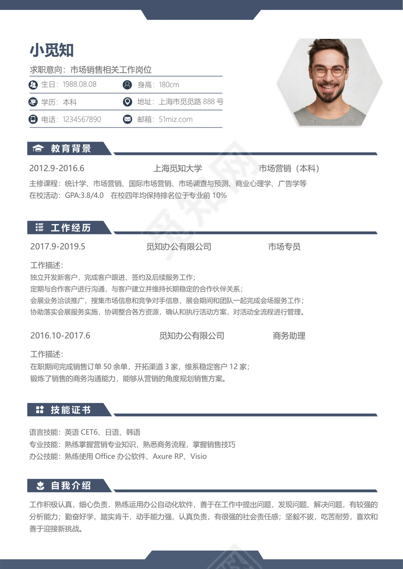 蓝色经典商务风格市场销售求职简历word模板