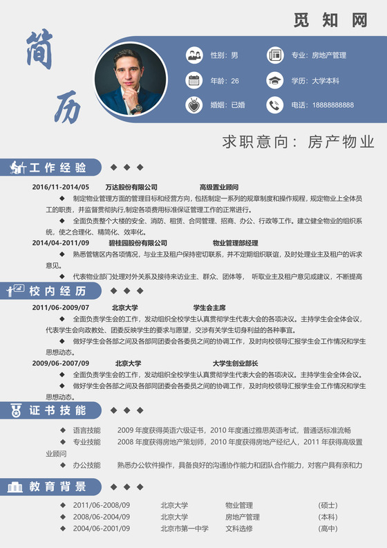 淡蓝色清新风房产房地产物业通用简历模板