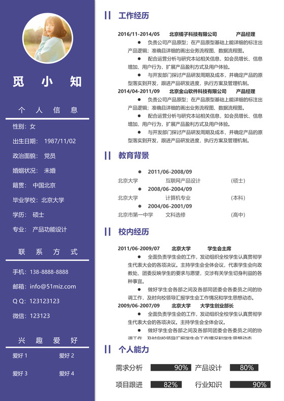 蓝色简约简洁产品经理简历模板