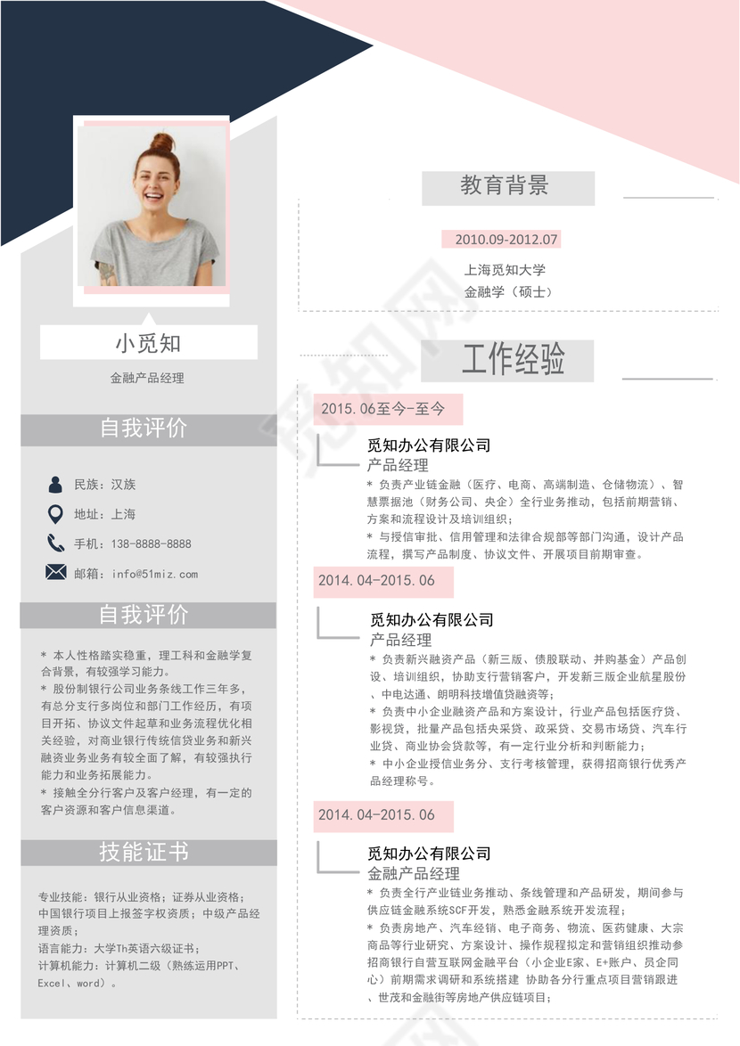 灰粉时尚金融产品经理求职简历word简历
