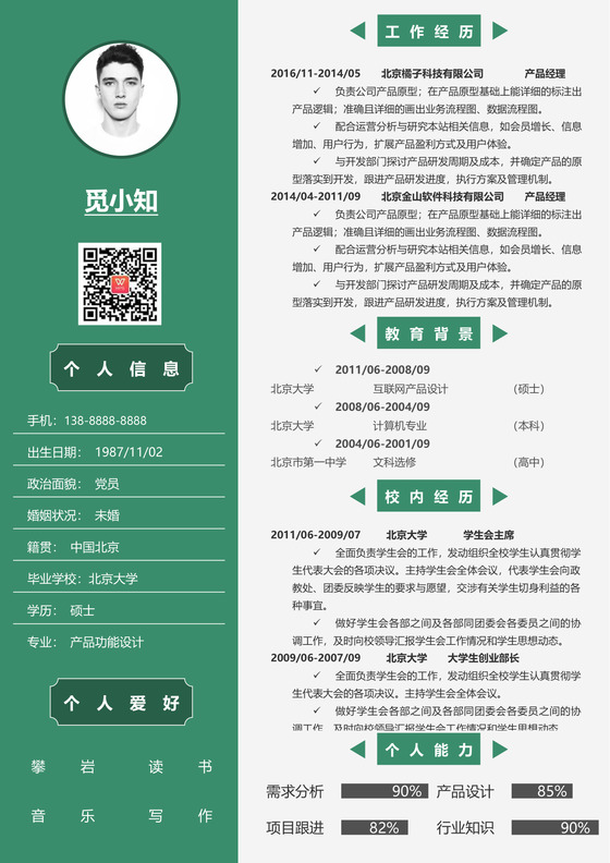 绿色个性创意产品经理个人求职简历模板