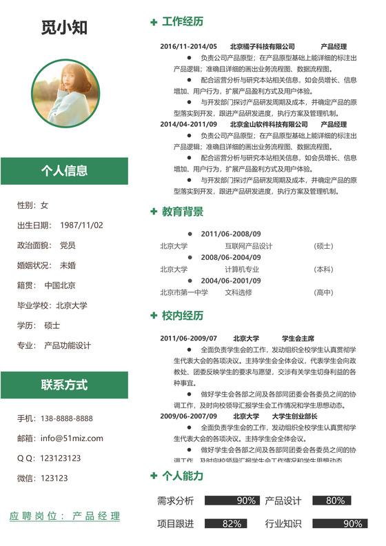 绿色创意产品经理个人求职简历