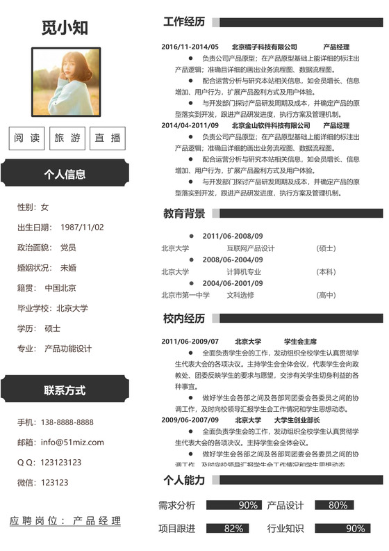 黑白创意产品经理个人求职简历