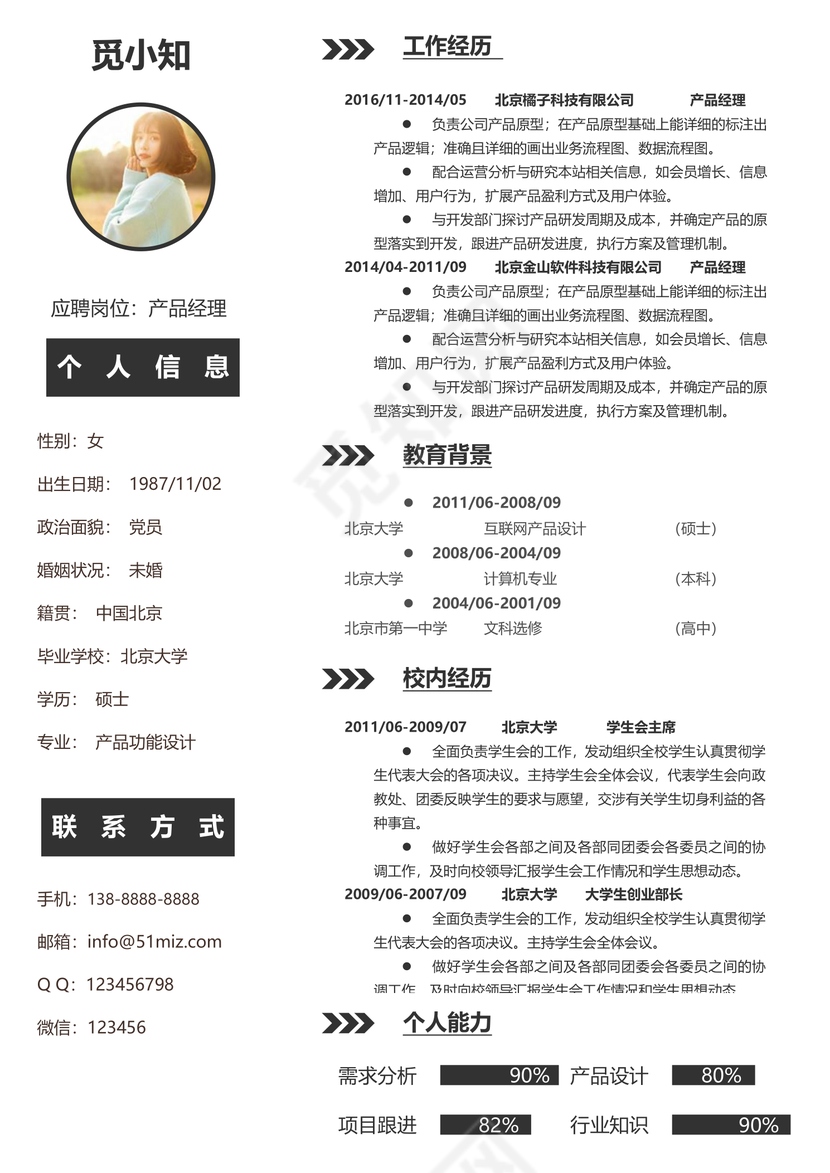 黑色简洁产品经理个人求职简历模板
