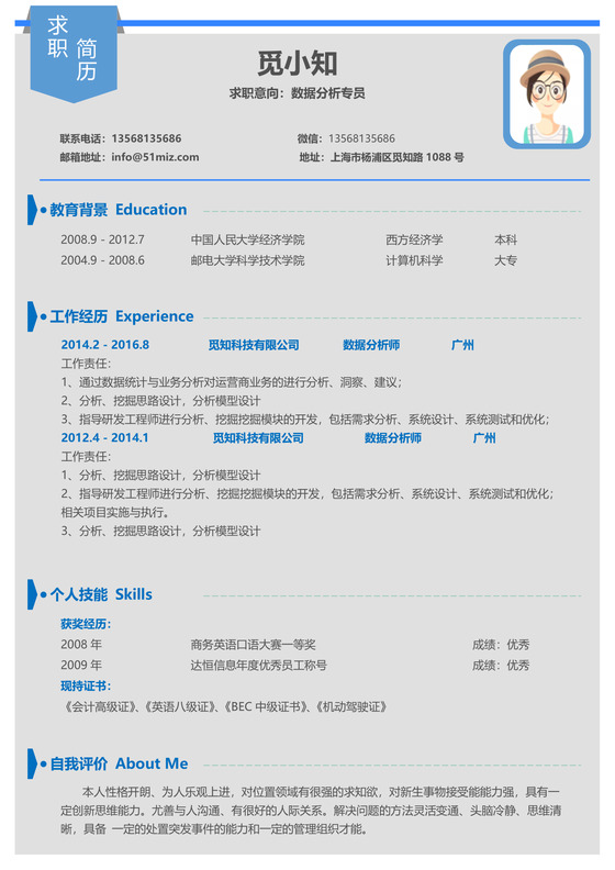 灰色简约大气数据分析员个人简历