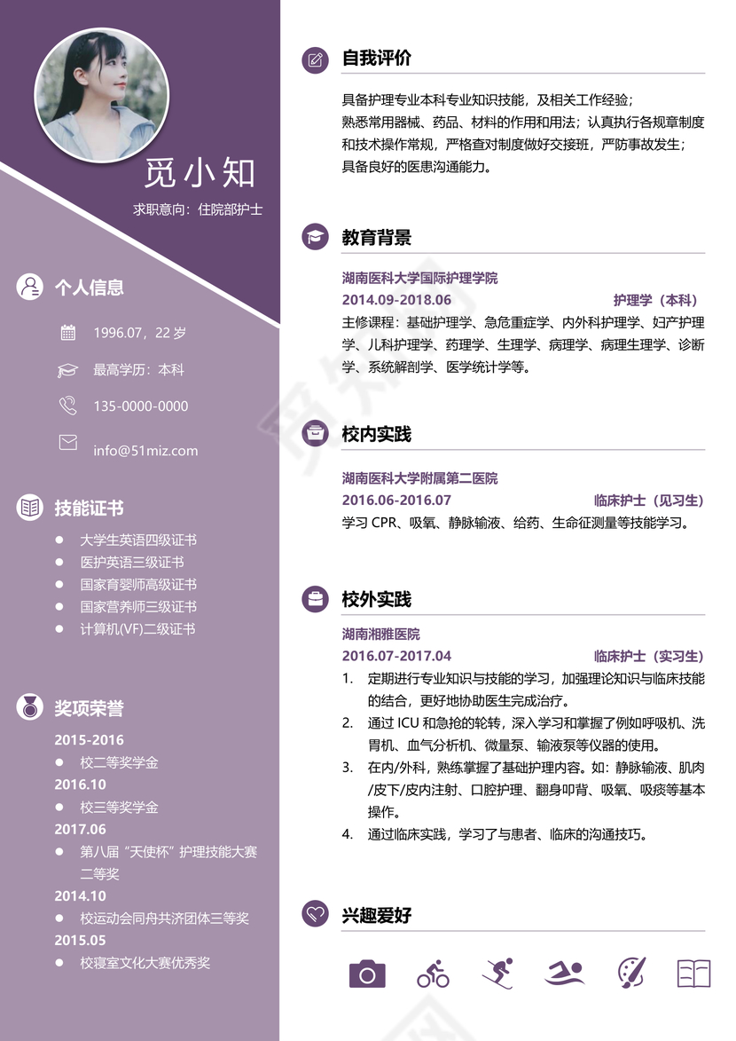 彩色护士个人模板简历