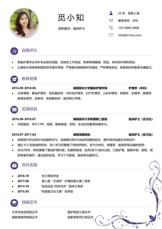 彩色护士个人模板简历