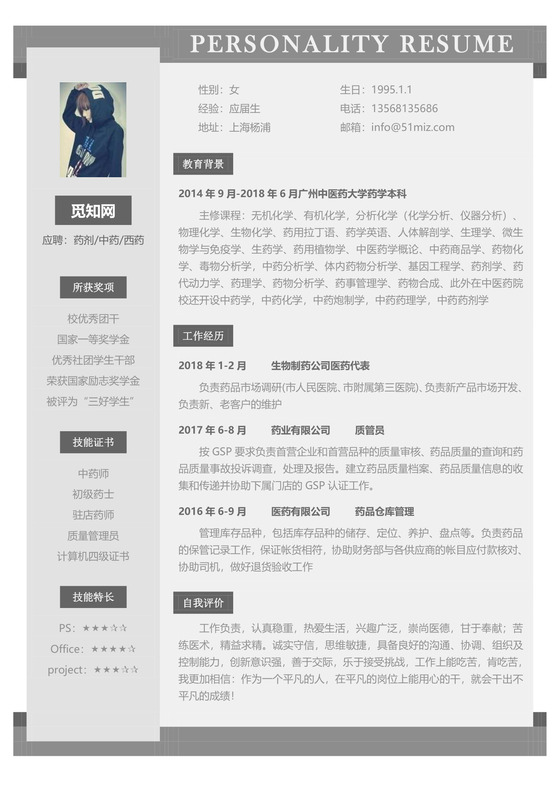 医药类应届生个性求职表格简历