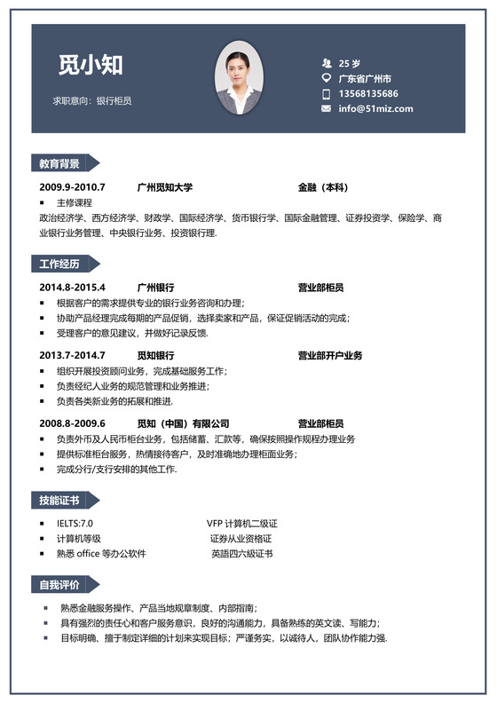 蓝色大气金融银行金融投资简历