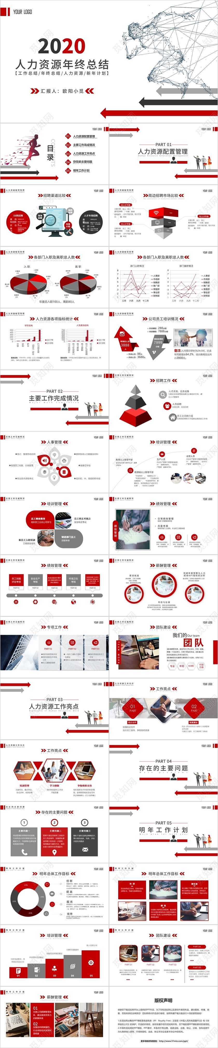 2020红色扁平化人事行政年终总结工作总结ppt模板 工作汇