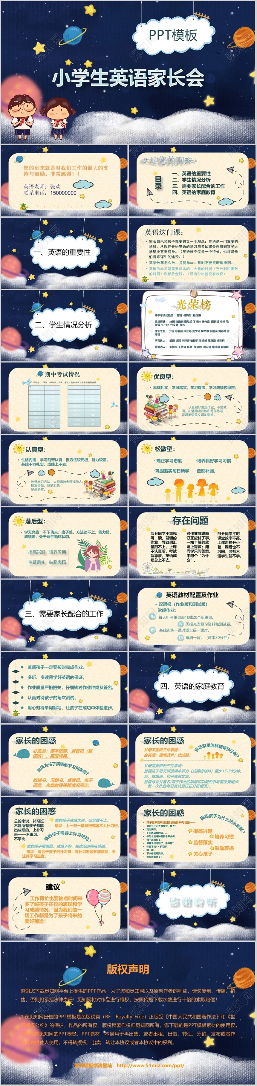 深蓝星空儿童卡通可爱清新小学生英语家长会老师课件PPT模板