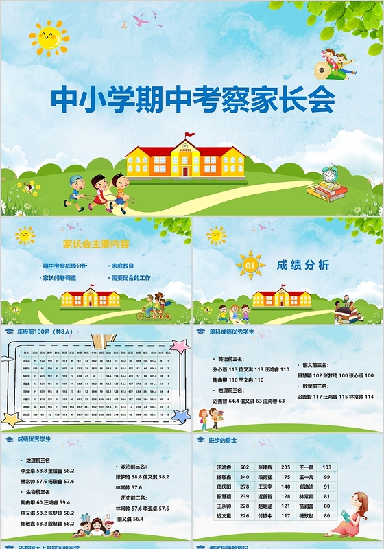 中小学期中考察家长会绿色清新动态PPT模板