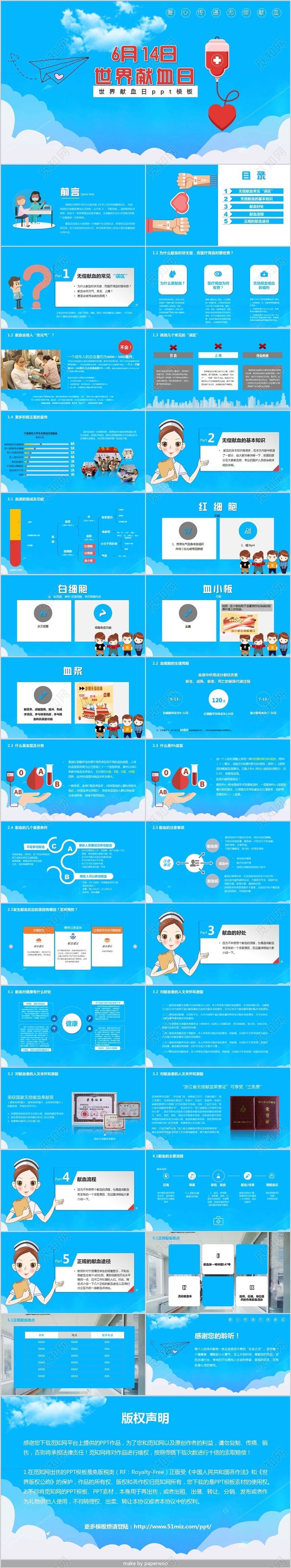 清新蓝6月14日世界献血日医学知识培训教程ppt模版