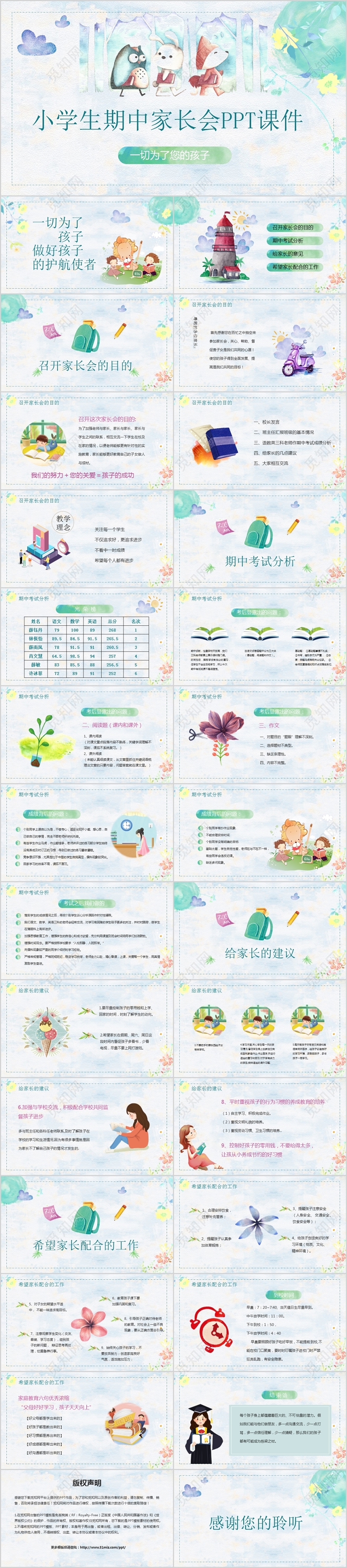 开学家长会水彩风小学生一切为了孩子期中家长会PPT课件