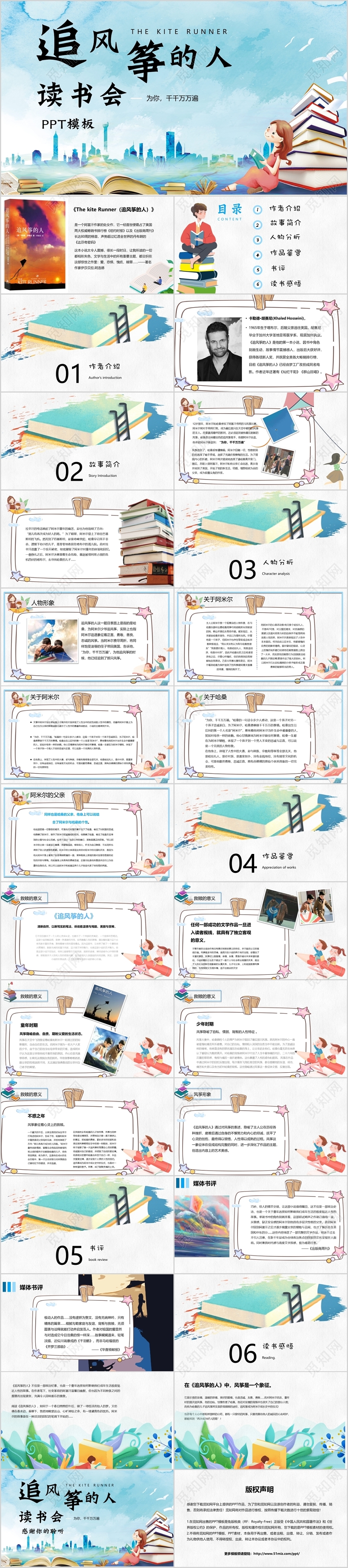 儿童卡通简约风格追风筝的人读书会主题阅读分享ppt模板