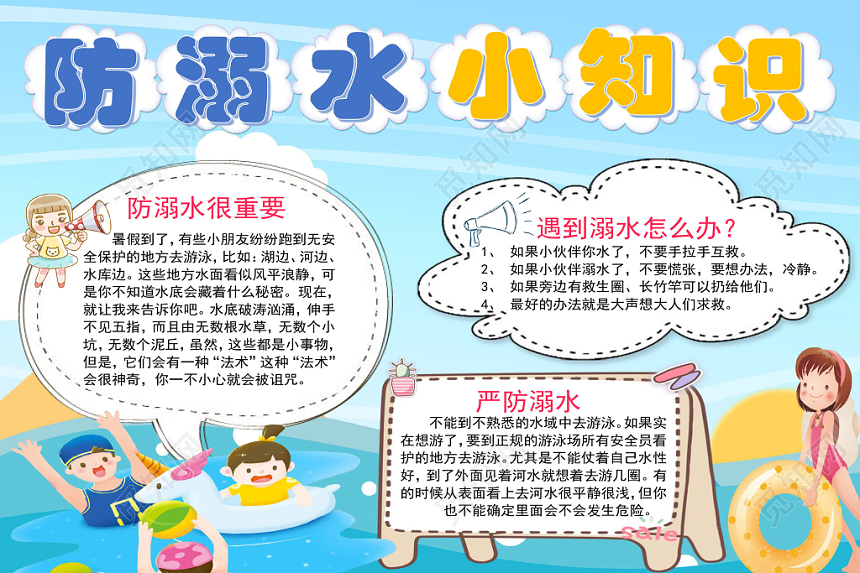 浅蓝卡通可爱夏日防溺水小知识手抄报word模板