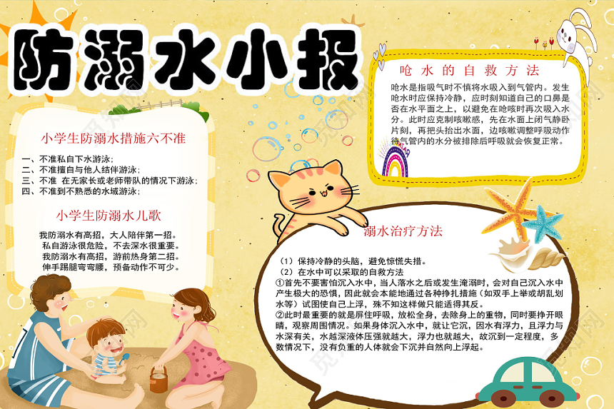 黄色卡通夏日安全防溺水小报word模板