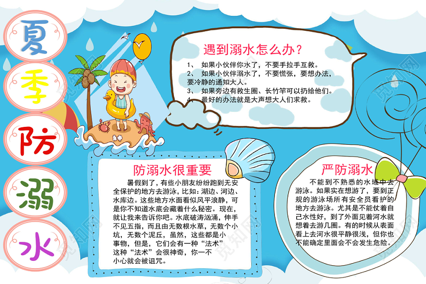 蓝色卡通夏季儿童预防溺水安全手抄报word模板