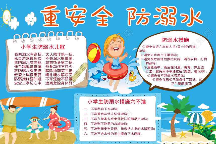 卡通炫彩夏日防溺水安全宣传手抄报word模板