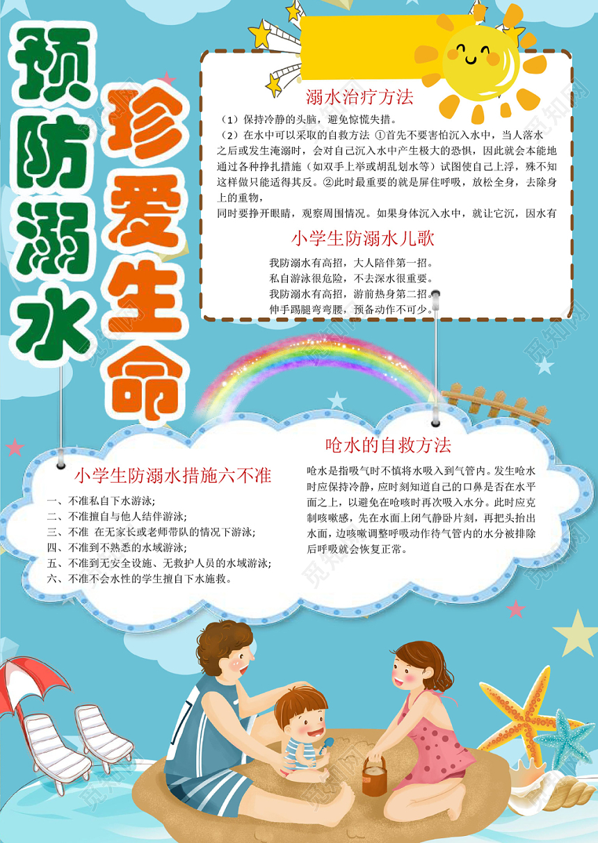 卡通炫彩夏季预防溺水珍爱生命手抄报word模板