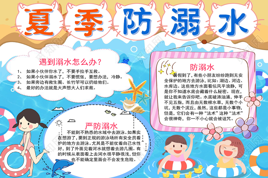 炫彩可爱卡通夏季儿童防溺水安全宣传手抄报word模板