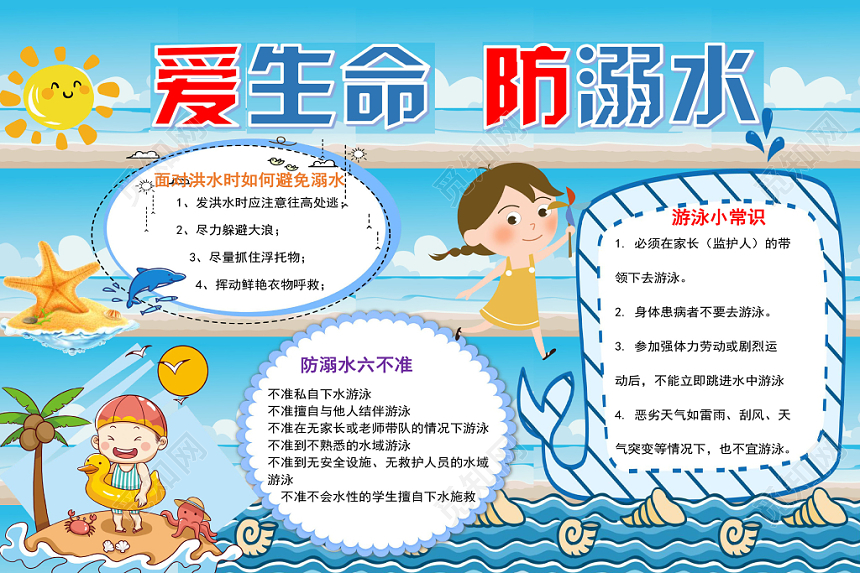 蓝色卡通爱生命防溺水安全手抄报word模板