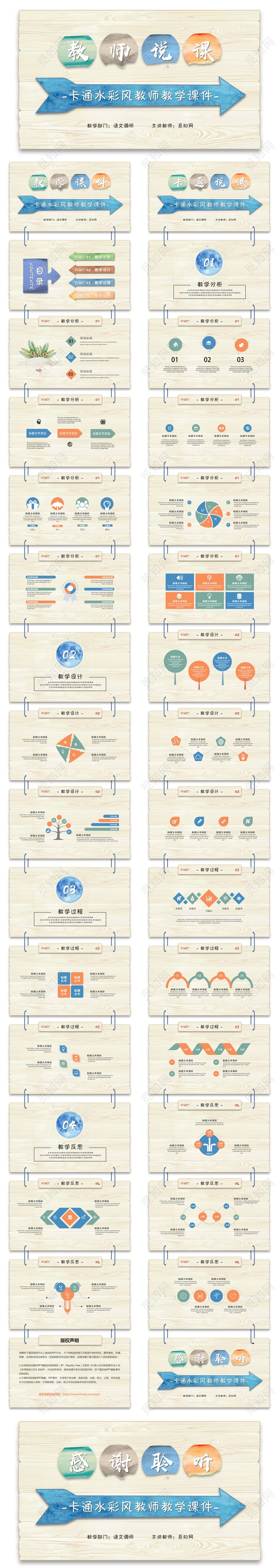 创意儿童卡通小清新水彩教师说课教学课件教育PPT模板