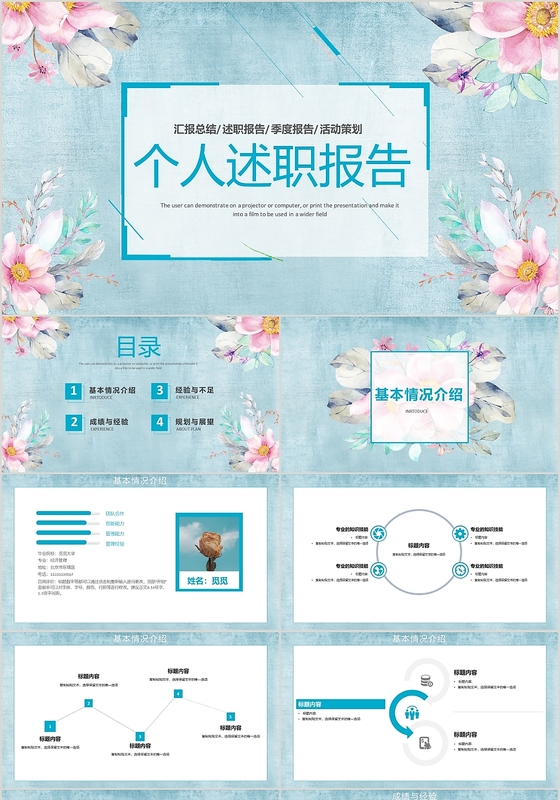 淡蓝色文艺清新风个人述职报告汇报活动策划PPT模板
