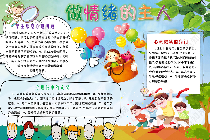 彩色背景卡通边框的做情绪的主人宣传手抄报WORD模板