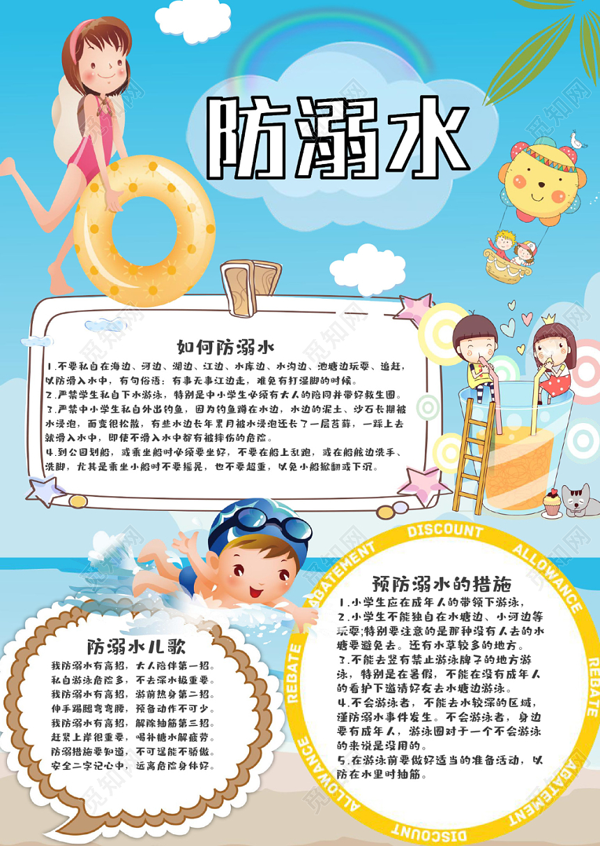 蓝色简约夏季防溺水安全手抄报小报word模板