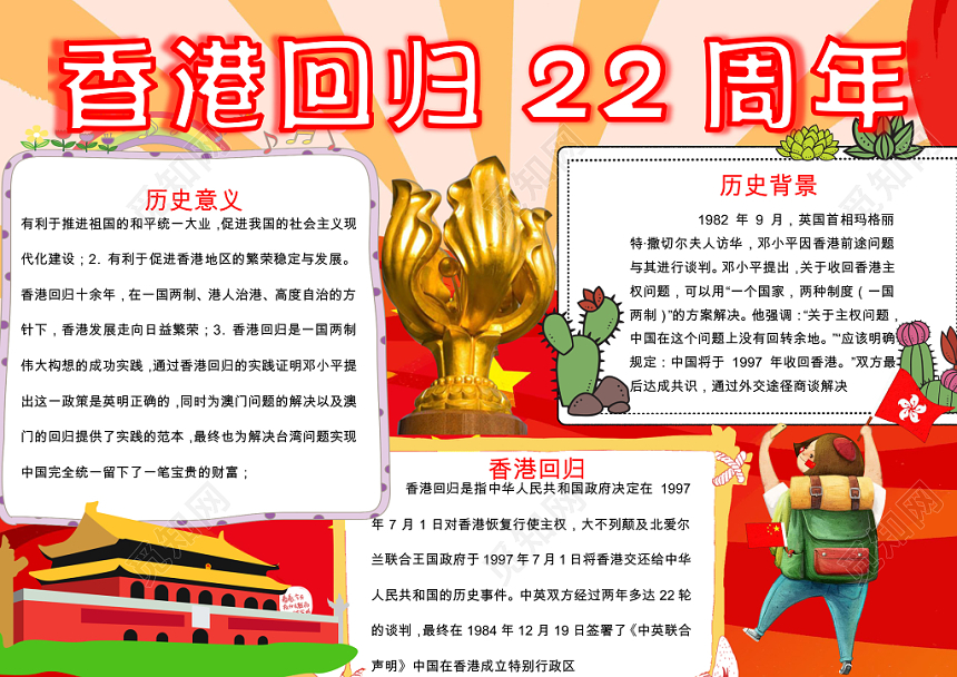 红色卡通纪念香港回归22周年word格式小报