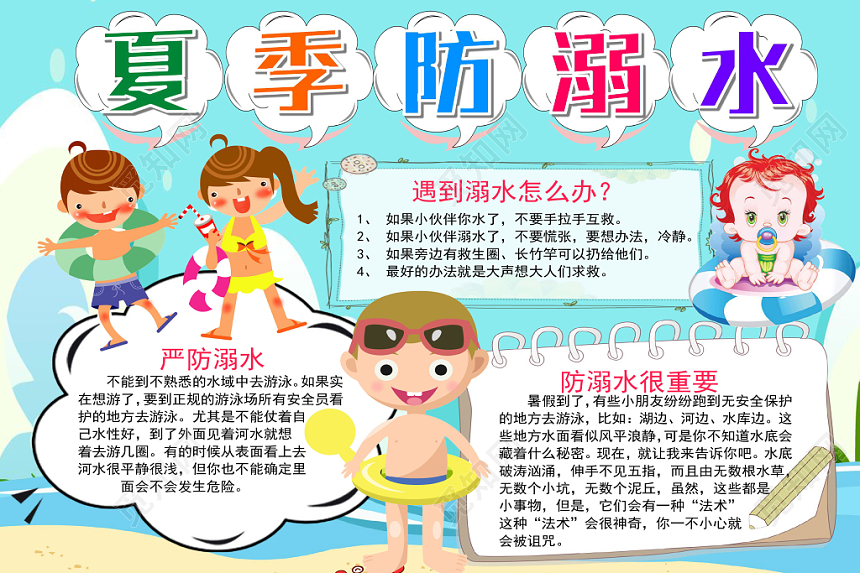 炫彩卡通夏季防溺水安全手抄报小报word模板