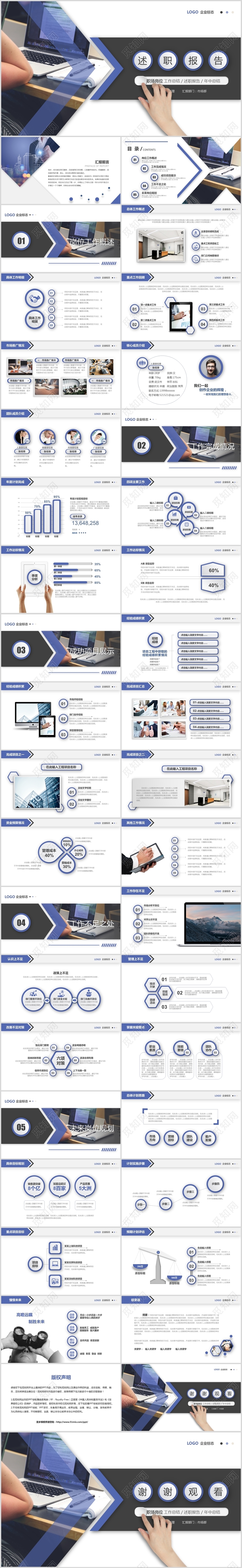 创意蓝色简约互联网商务述职报告年中总结年中工作总结ppt模板
