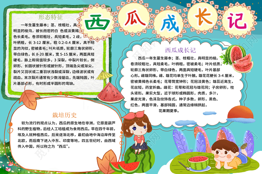 花边边框卡通西瓜成长记小报word模板