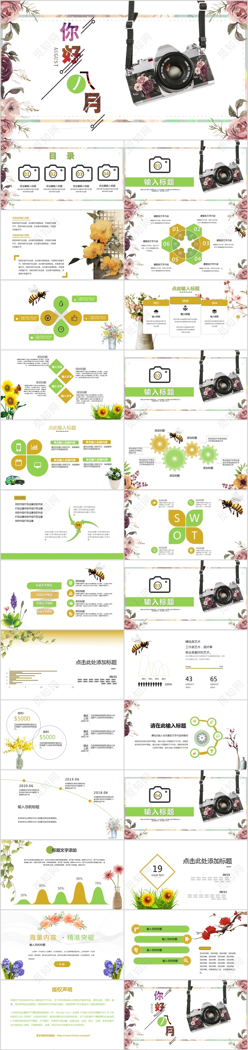 花卉相机插图八月你好主题PPT模板