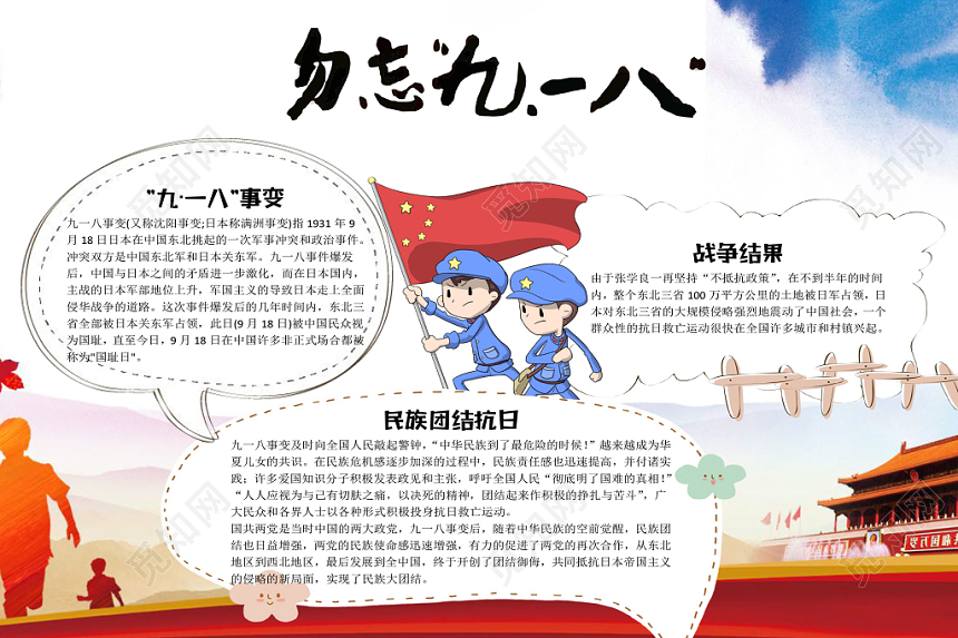 918红白卡通党建抗战九一八勿忘九一八手抄报Word模板