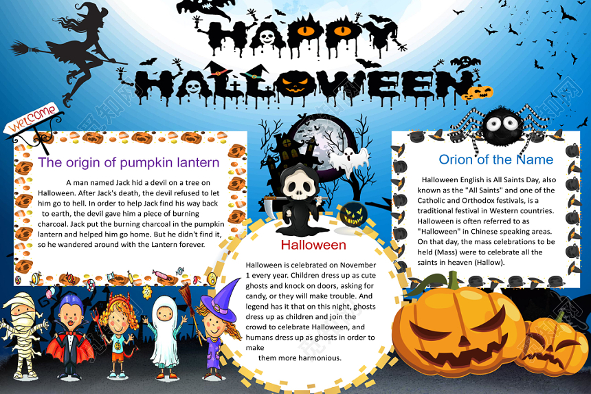 蓝色可爱卡通西方万圣节节日宣传手抄报Word模板