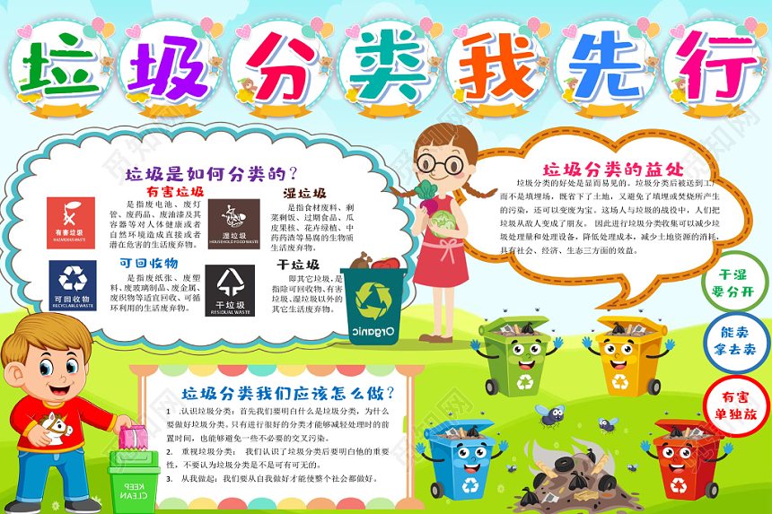 炫彩卡通垃圾分类我先行垃圾分类小报手抄报word模板