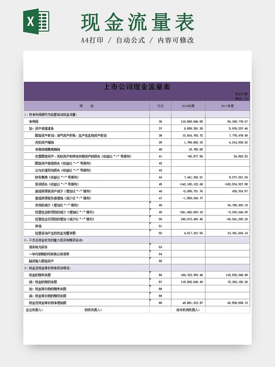 紫色上市公司现金流量表excel模板