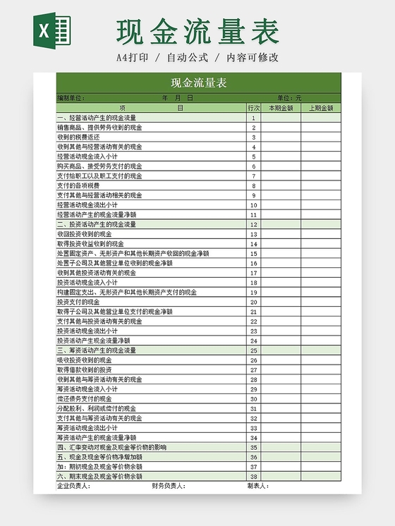 绿色简约风公司现金流量表excel模板