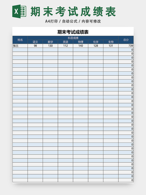 期末考试成绩表模板EXCEL表