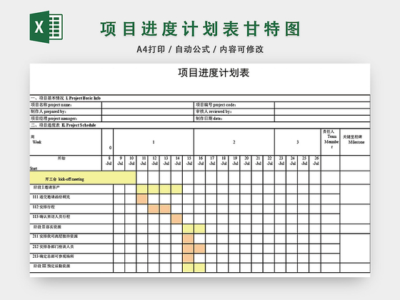 项目进度计划表模板EXCEL表甘特图