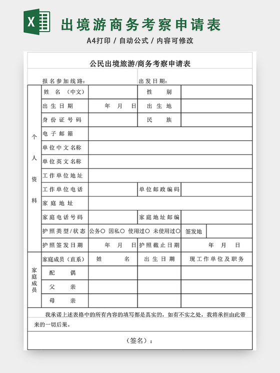 出境游商务考察申请表格模板EXCEL表格设计