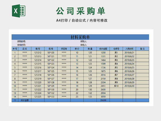 企业库房材料采购明细统计表