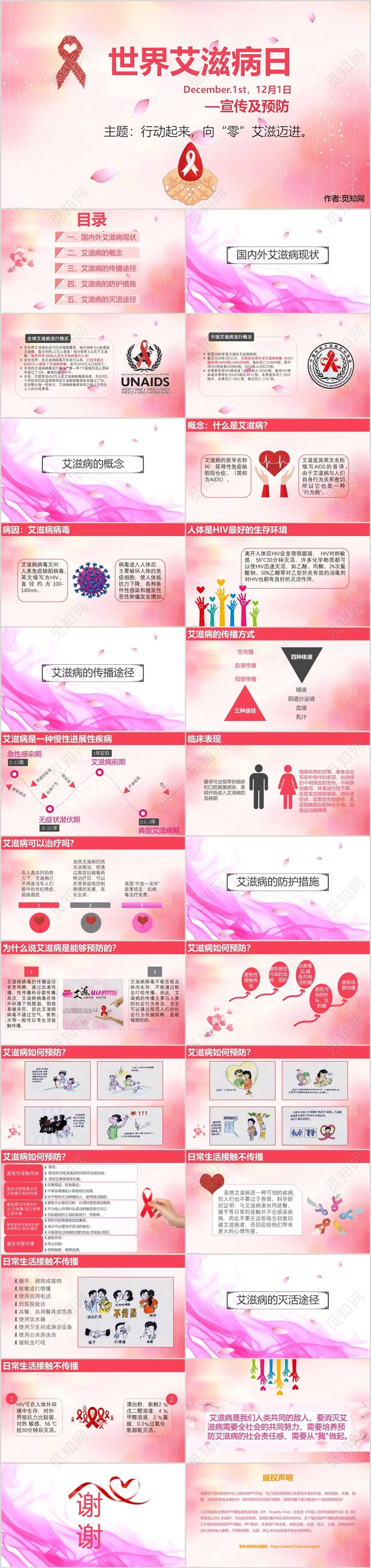 粉色温馨世界艾滋病日行动起来向零迈进主题ppt
