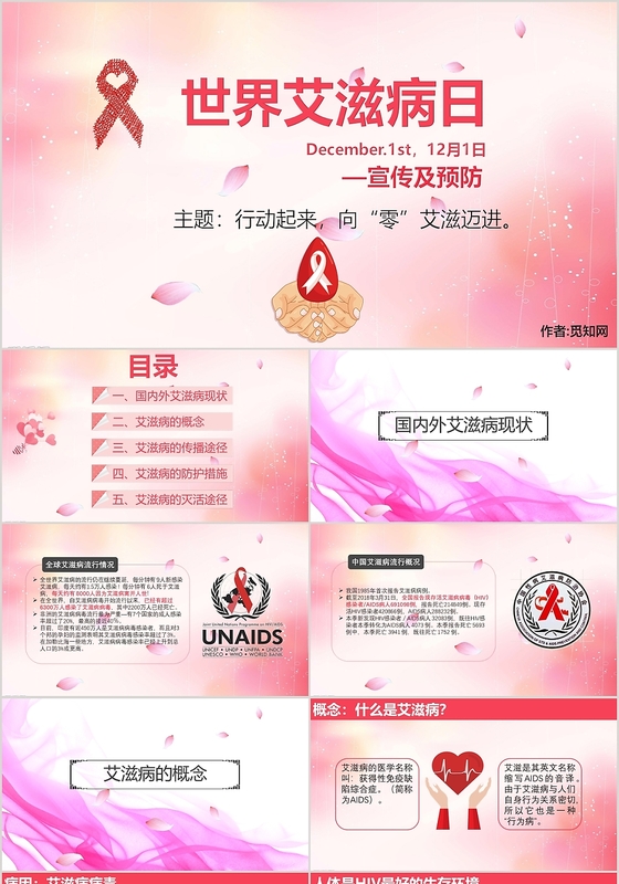 粉色温馨世界艾滋病日行动起来向零迈进主题ppt
