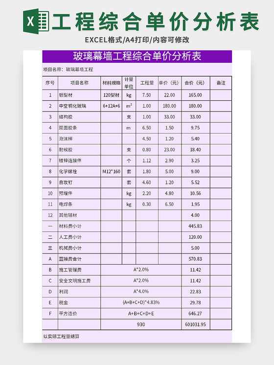 紫色玻璃幕墙工程综合单价分析表excel模板