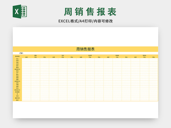 黄色常用门店周销售报表excel模板