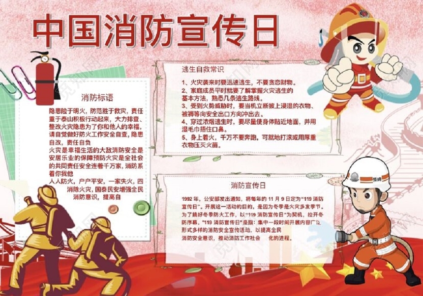 卡通自救知识消防剪影119消防宣传日小报手抄报Word模板
